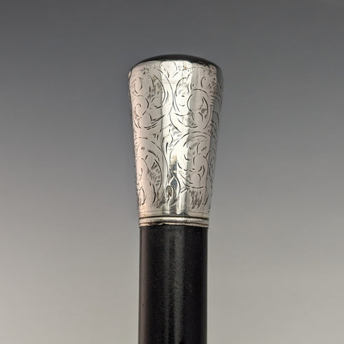 1920年 英国アンティーク 紳士用ステッキ 純銀彫刻 丸ハンドル ブラックシャフト 91.5cm